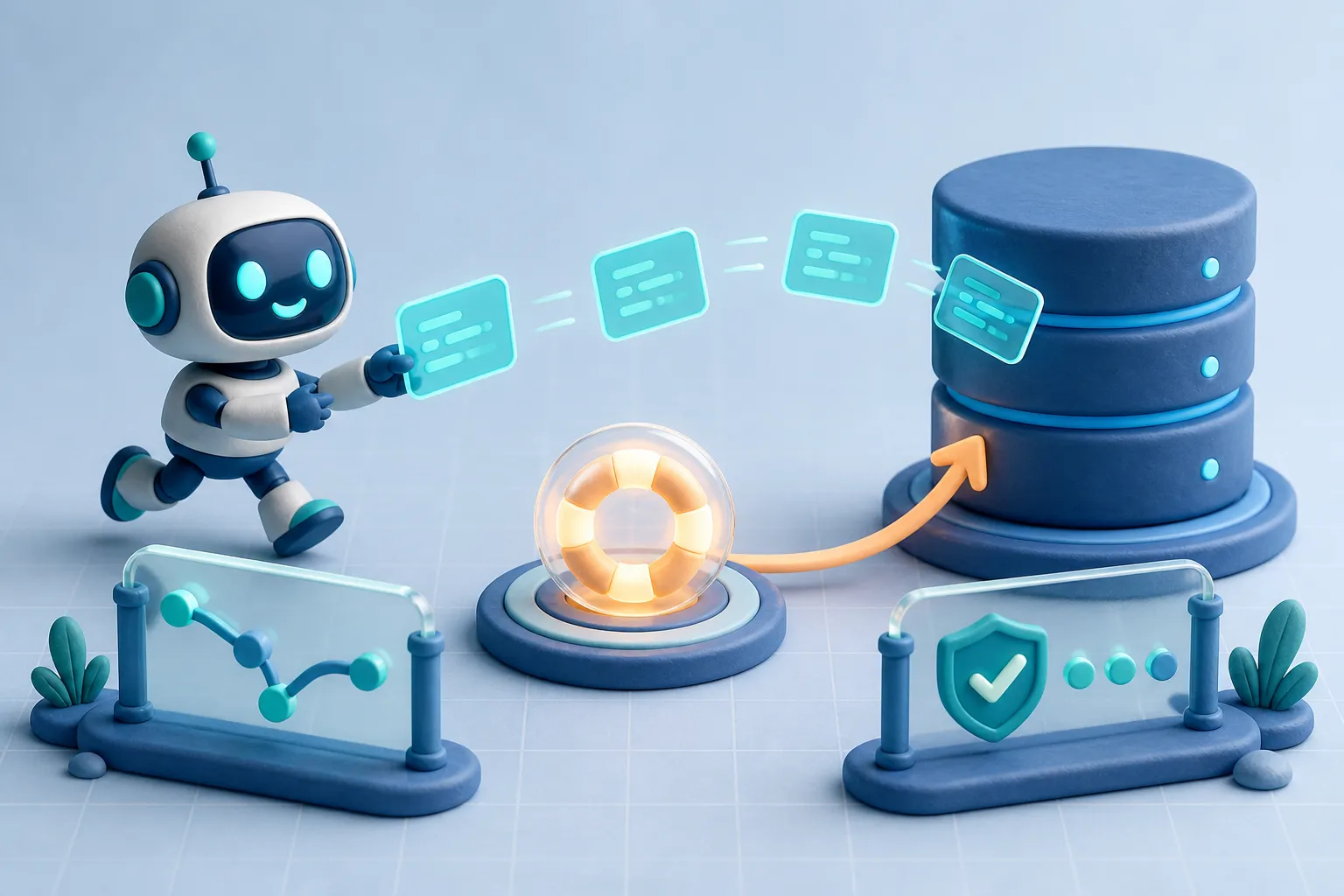 A cheerful AI robot sends code changes towards a database, with a glowing snapshot checkpoint and safety rails representing Git and quality checks.